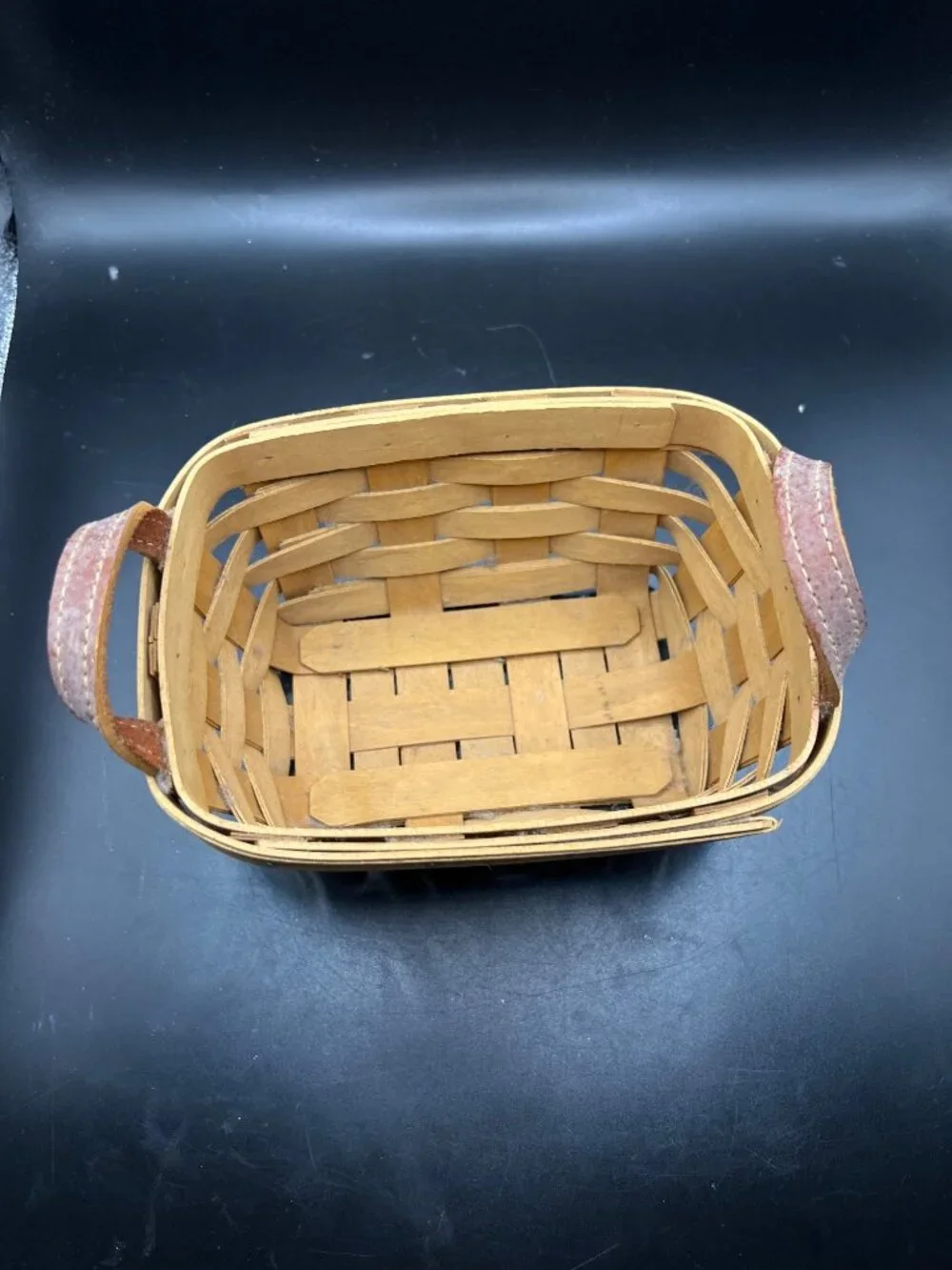 Longaberger Handmade Basket Leather Handles 2003 Rustic Woven Wood USA Vintage